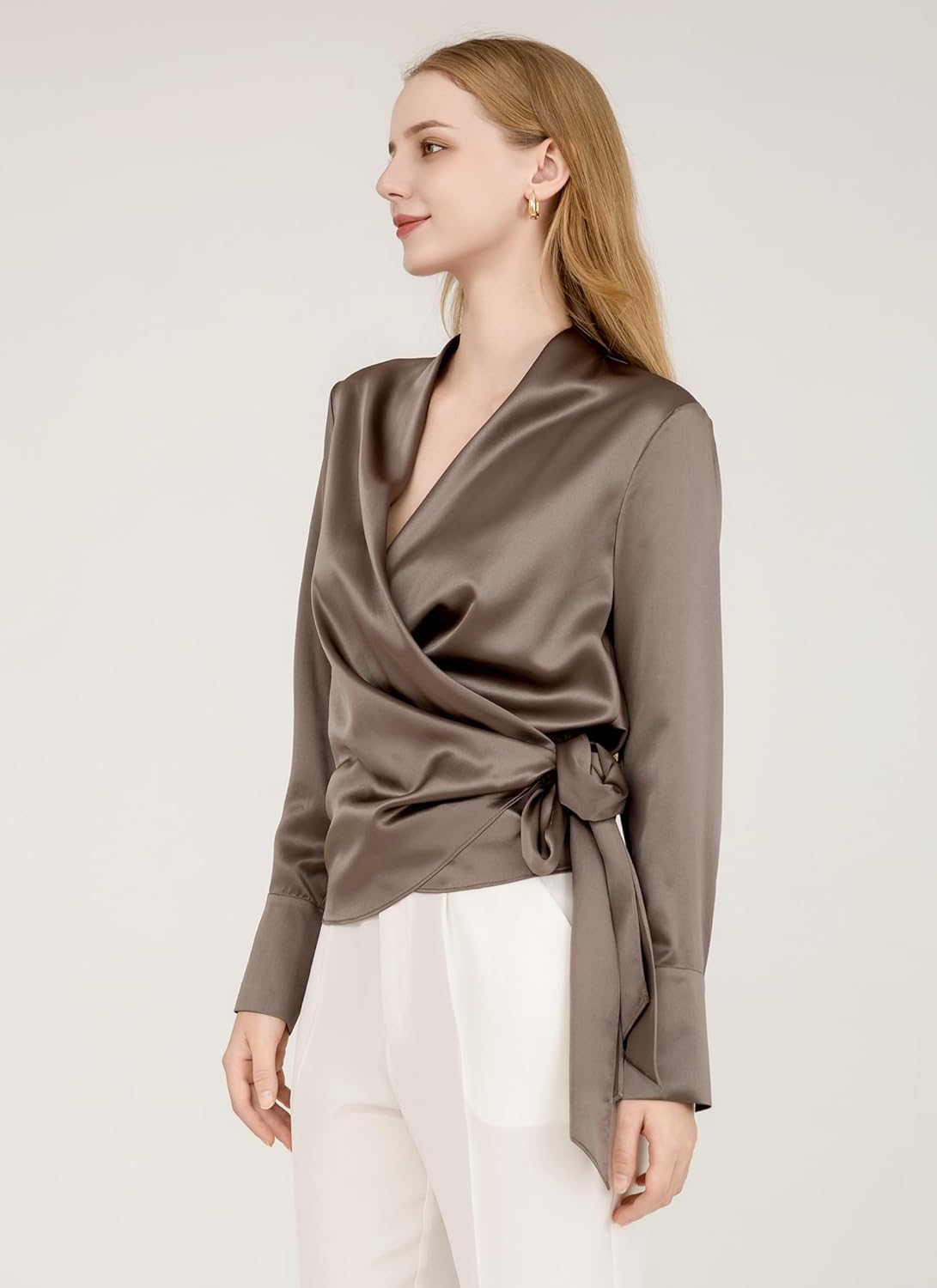DAISYSILK Luxury Mulberry Silk Elegant Fitted Wrap Silk Blouse Long Sleeve Shirt - Image 4