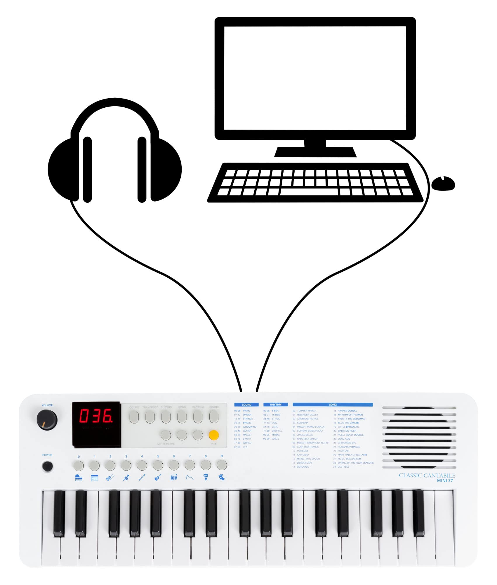 Classic Cantabile MINI-37 Keyboard - 37 Mini-Tasten - Stromversorgung über USB-C oder Batterien - 100 Sounds und Rhythmen - USB-MIDI - Lautsprecher und Kopfhörerausgang - weiß-blau