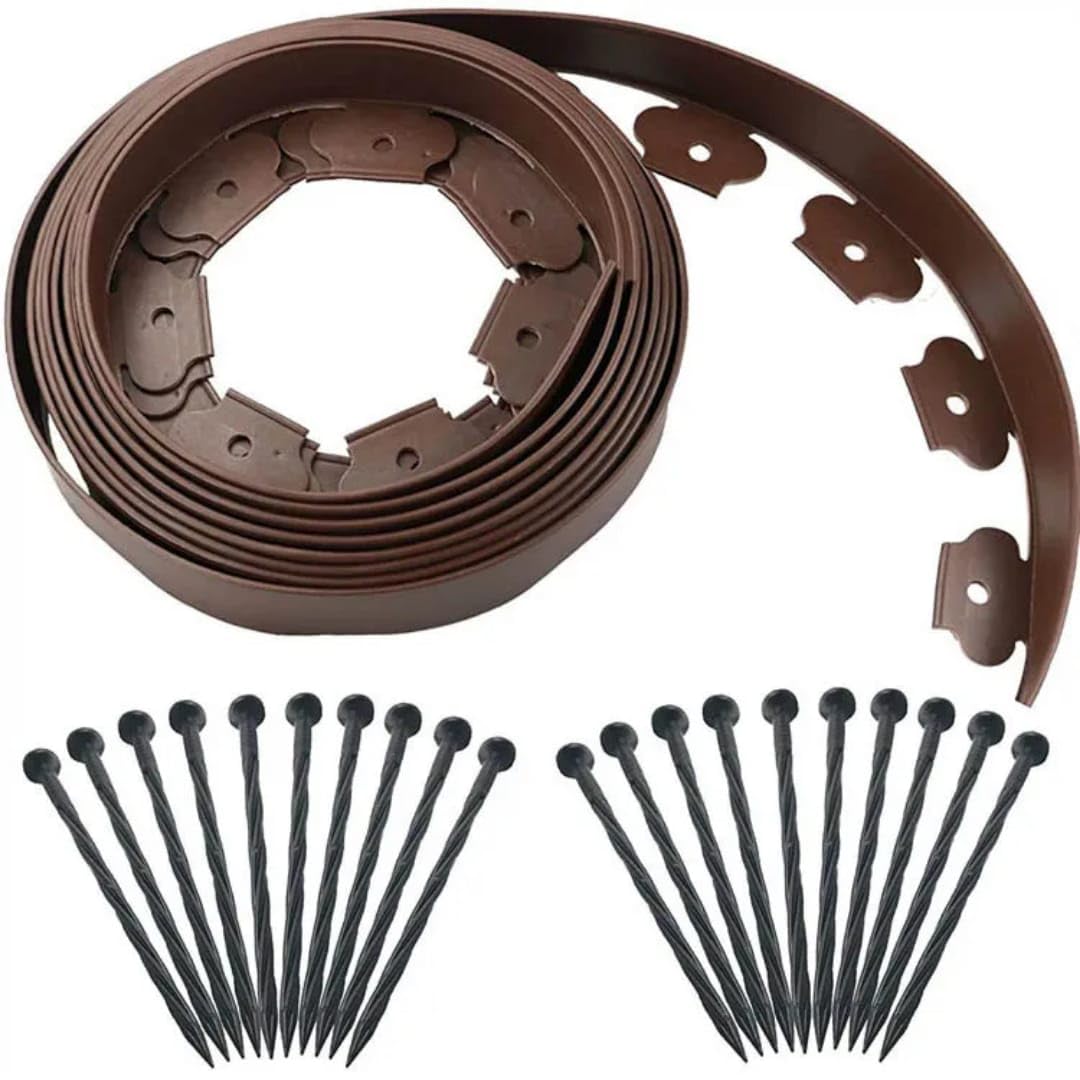 Borde Separador Jardín, Césped Borde, Separador de Piedras, Flexible de Plástico, Longitud 10 m, Altura 5 cm, con Clavijas de sujeccion, Marrón, Negro o Verde. (Marron)
