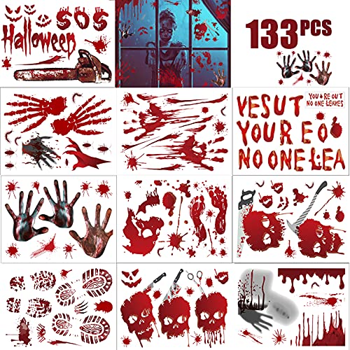 Blutige Handabdrücke Fußabdruck Halloween Dekorationen Aufkleber - Horror Fensteraufkleber für Vampir Zombie Party Supplies (133 Stück) thumbnail
