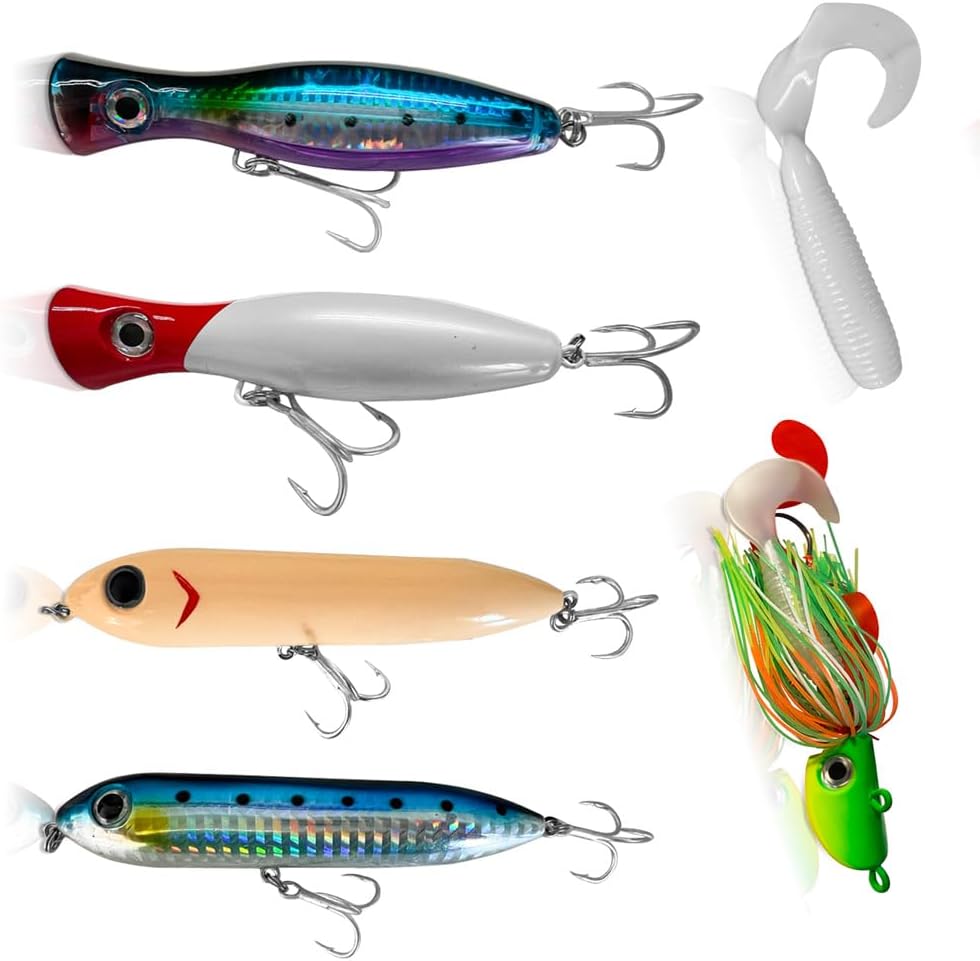 Fishing Lures Kit, Saltwater Surface Casting Combo for Striped Bass, Bluefish, Giant Jack, Pompano,Poppers, Jigs, Swimbaits, Silicone Tails, Teasers Variety Pack