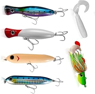 Fishing Lures Kit, Saltwater Surface Casting Combo for Striped Bass, Bluefish, Giant Jack, Pompano,Poppers, Jigs, Swimbaits, Silicone Tails, Teasers Variety Pack
