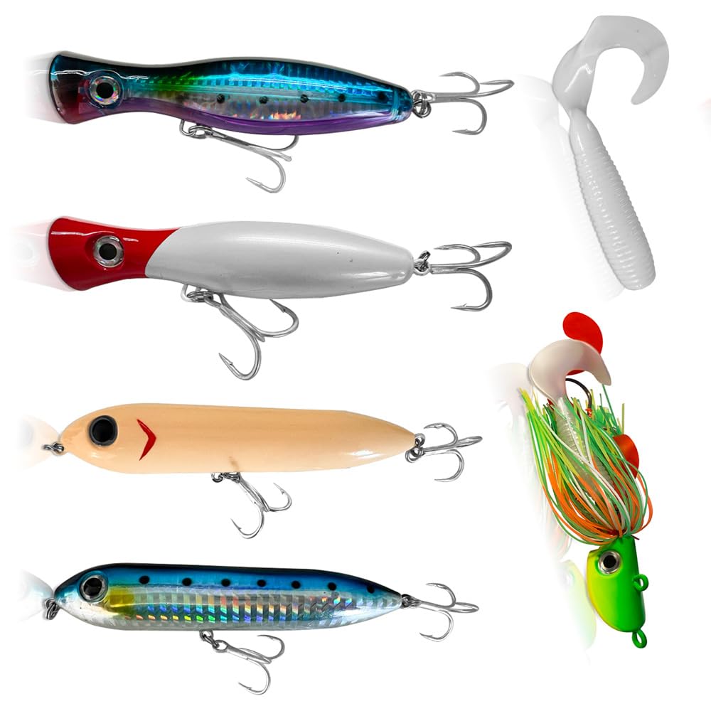 Fishing Lures Kit, Saltwater Surface Casting Combo for Striped Bass, Bluefish, Giant Jack, Pompano,Poppers, Jigs, Swimbaits, Silicone Tails, Teasers Variety Pack : Sports & Outdoors