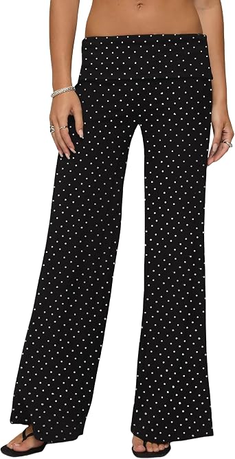 Women Fold Over Yoga Pants Low Rise Flare Leggings Stretchy Bell Wide Leg Sweatpants Y2k Gym Lounge Bottoms