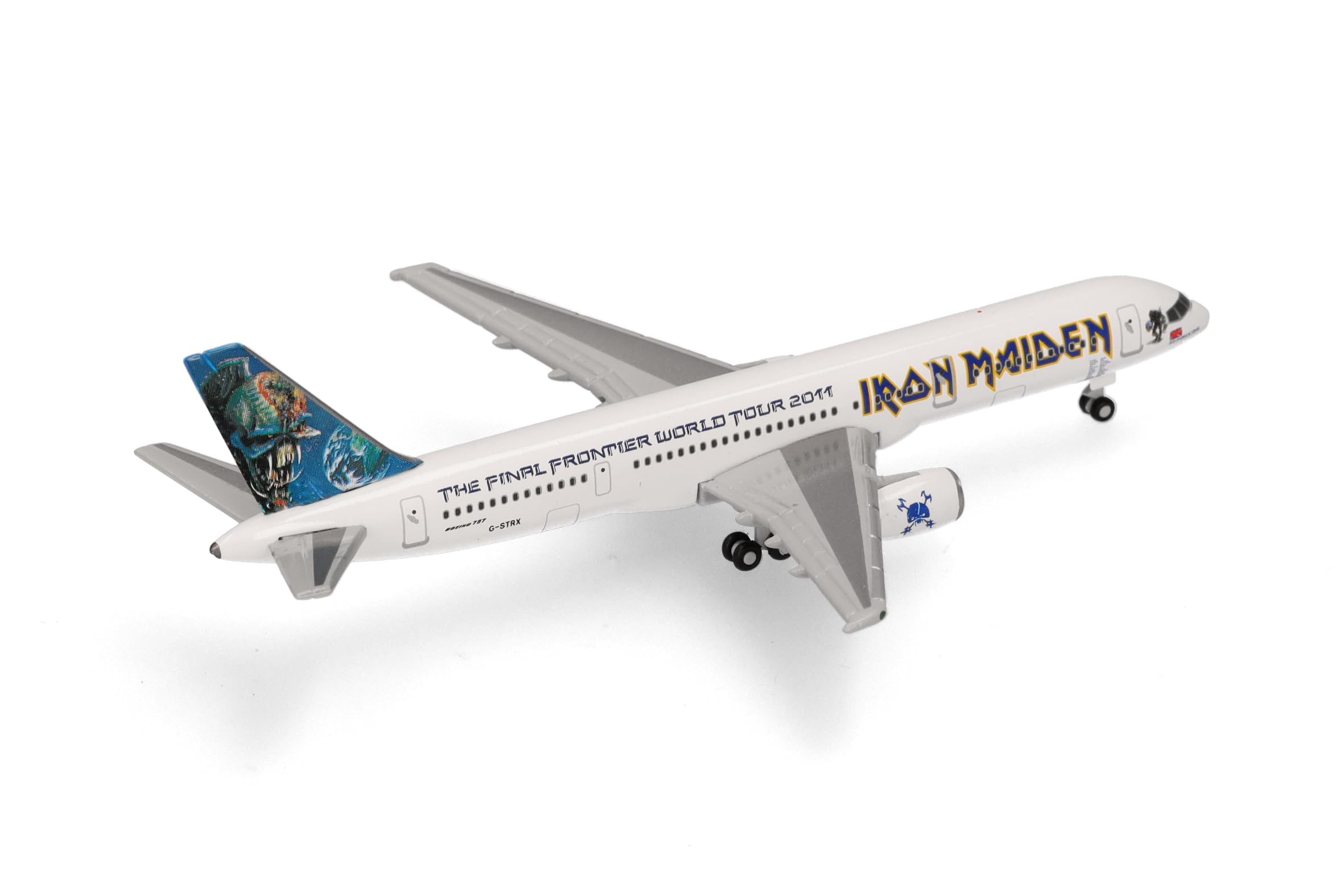 Herpa Modellflugzeug Iron Maiden (Astraeus) Boeing 757-200 "Ed Force One The Final Frontier World Tour 2011 – G-STRX, Miniatur im Maßstab 1:500, Sammlerstück, Modell ohne Standfuß, Metall
