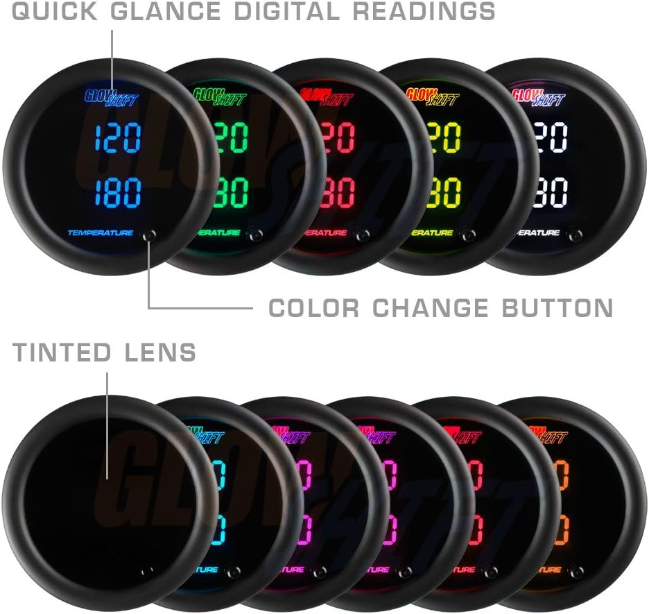 GlowShift 10 Color Digital 300F Dual Temperature Gauge Kit - for Water Coolant, Oil, Transmission Temp - Includes 1/8-27 NPT Electronic Sensors & Wiring - Multi-Color Display - Tinted Lens - 2-1/16"