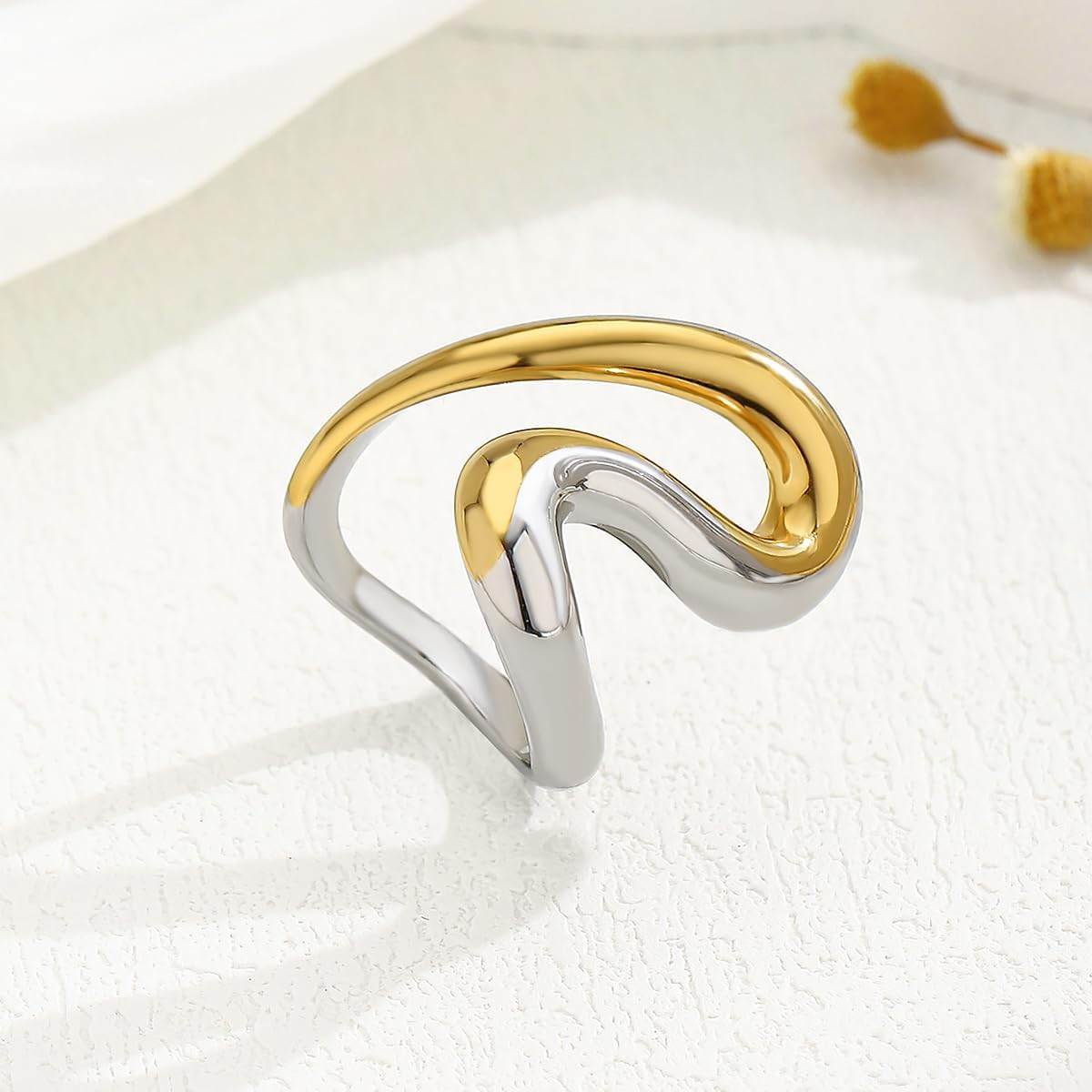 YADUDA Gold Silver Chunky Statement Rings for Women Thumb Ring Wavy Curve Ring Non Tarnish Dainty 18K Gold Plated Band Rings Stainless Steel Jewelry Gift - Image 3