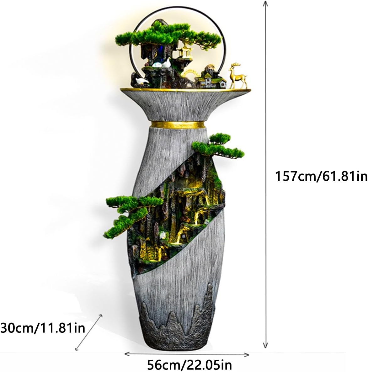 Standing Waterfall Large Indoor Floor Fountain, Resin Water Bottle Garden Fountain with LED Light, Chinese Fengshui Lucky Indoor Fountain, Home and Office Decoration Floor Fountain