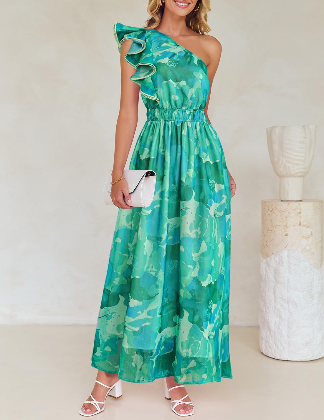 ZESICA Women's 2026 Boho Floral Sleeveless Maxi Dress Ruffle One Shoulder Elatsic High Waist Beach Party Long Dresses - Image 4