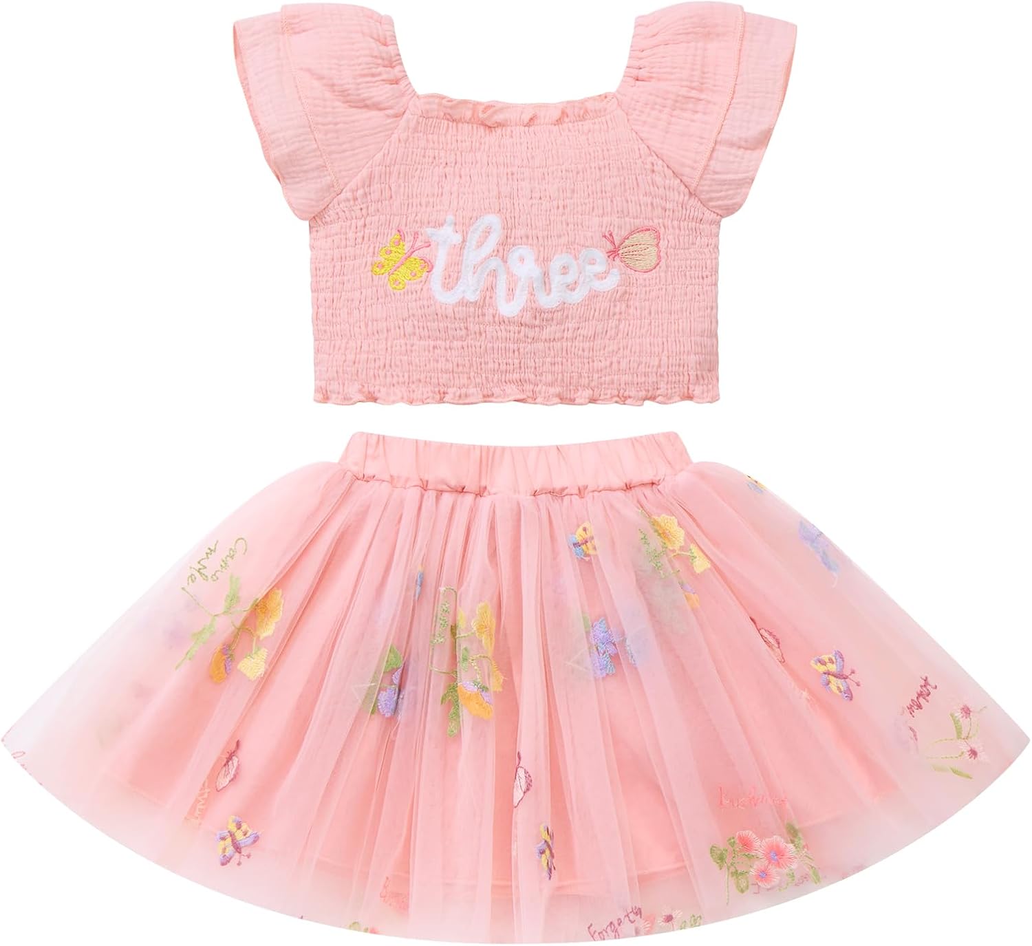IBTOM CASTLE Baby Girl 2nd /3rd Birthday Outfit Ruffle Embroidery Top Tulle Tutu Skirt for Cake Smash Photo shoot