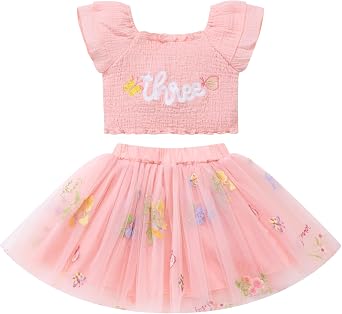 IBTOM CASTLE Baby Girl 2nd /3rd Birthday Outfit Ruffle Embroidery Top Tulle Tutu Skirt for Cake Smash Photo shoot