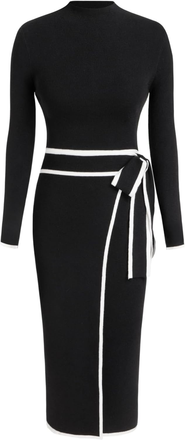 CIDER Sweater Dress for Women Long Sleeve Dress Mock Turtleneck Bow Tie Midi Work Dresses Old Money Dresses Fall Winter