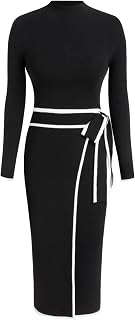 CIDER Women's Long Sleeve Mock Turtleneck Sweater Midi Dress with Bow Tie - Old Money Style Work Dress Fall Winter