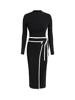 CIDER Sweater Dress for Women Long Sleeve Dress Mock Turtleneck Bow Tie Midi Work Dresses Old Money Dresses