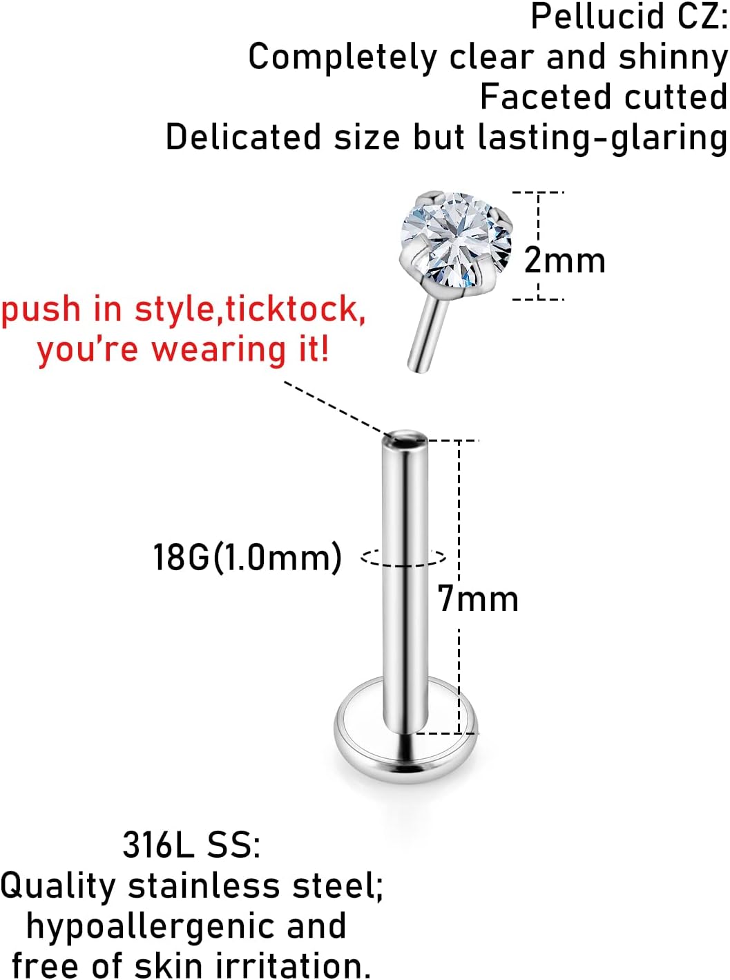 Kridzisw 18G 20G Threadless Push in Nose Rings Studs 6mm 7mm Bar Surgical Steel Flat Back Opal Cartilage Tragus Helix Earrings Stud Lip Larbret Ring Piercing Jewelry for Women Men Opal 2MM 2.5MM 3MM - Image 3