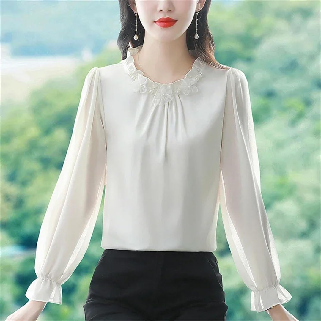 Camisas de gasa para mujer, blusas sueltas de color liso, cuello redondo, ropa de mujer de manga larga