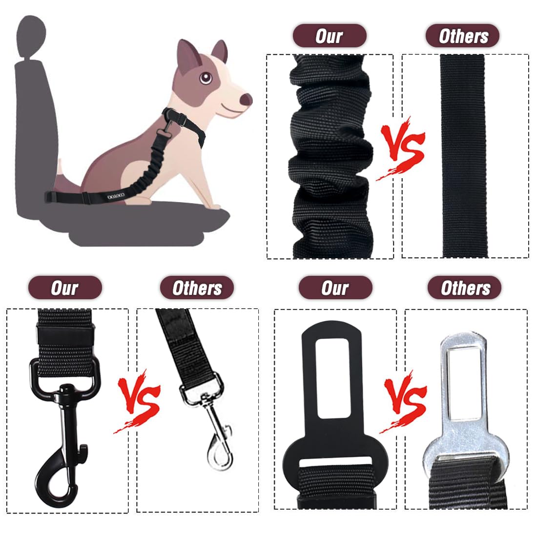 COOYOO Cinturón de seguridad para perro, retráctiles y ajustables para coche, set de 3 unidades, cinturones de seguridad de nailon para mascotas, resistentes, elásticos y duraderos, arnés para coche