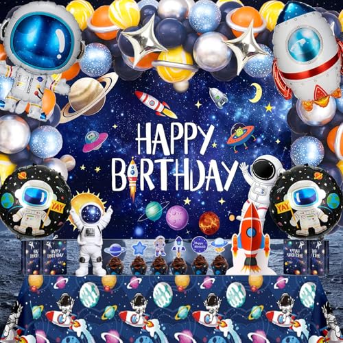 Outer Space Birthday Party Decorations – Space Theme Set with Backdrop, Tablecloth, Rocket & Astronaut Foil Balloons, Star Balloons, Cake Topper & Latex Balloons for Space Themed Party, Room Decor
