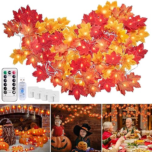 STVST Guirlande d'automne, 40 LED 6M Décoration Guirlandes lumineuses Avec Télécommande et 4 Crochets, Gugirlande de feuilles, pour Halloween, noel, Thanksgiving