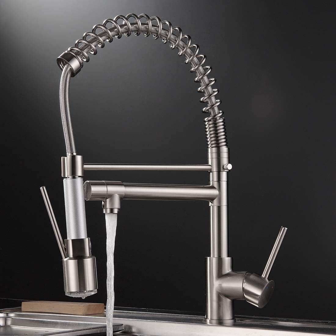 Robinet de cuisine extractible à deux becs avec douchette et indicateur LED