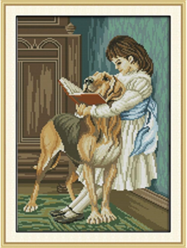 Cleana Arts Cross Stitch Kits, Girl and Dog, 11CT Counted, 15"×20"(39cm×52cm)