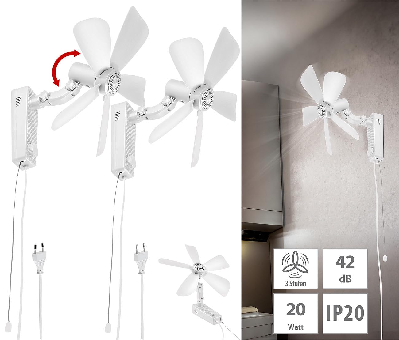 Sichler Haushaltsgeräte Wandventilator 2er-Set Oszillation Ø 43cm 20W Neigung einstellbar