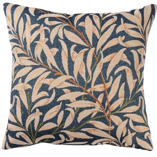 Image of Linen Loft William Morris Willow Bough Tapestry Cushion in Navy Blue. Botanical Interweaving Willow Tree. 17x17 Square Cushion Cover