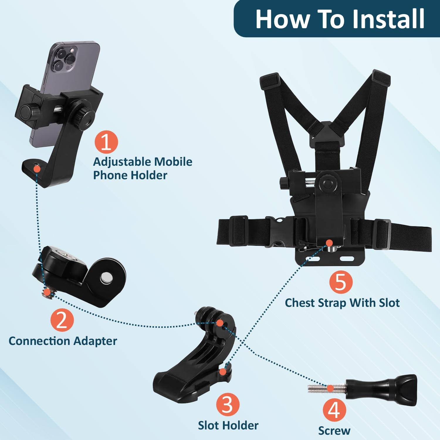 TECHONTO® Adjustable Chest Strap Mount with Mobile Holder Clip & Screw Compatible with All Smartphones Body Belt Harness for GoPro Hero, SJCAM, Yi & Other Action Cameras Hands-Free Mount – Black
