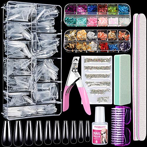 Acrylic False Nail Tips kit, FANDAMEI 600 PCS Full Cover Clear Fake Nail Tips with Nail Glue, Nail Butterfly Glitter, Nail Foil Chip, AB Nail Rhinestones,Nail Clipper,Nail File, Nail Brush,Nail Buffer