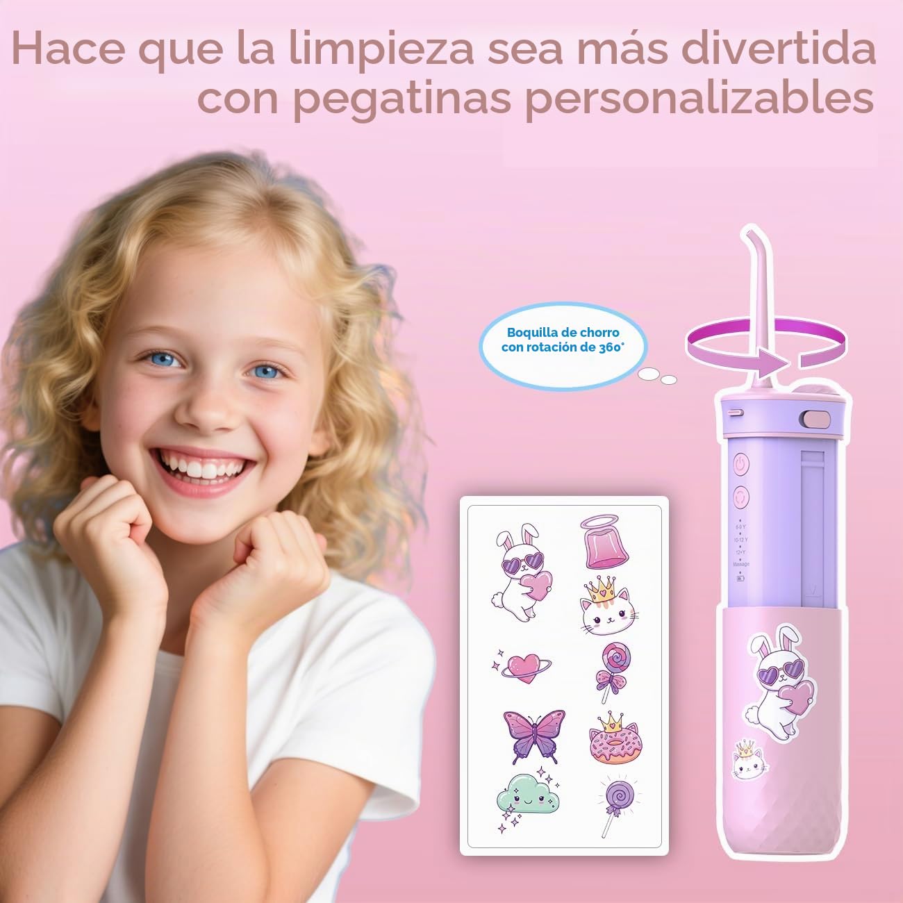 JTF Irrigador dental de agua para niños: irrigador oral portátil recargable con 4 modos de hilo dental de 230 ml, tanque de 4 puntas, bolsa de viaje, calcomanías impermeables, hilo dental eléctrico