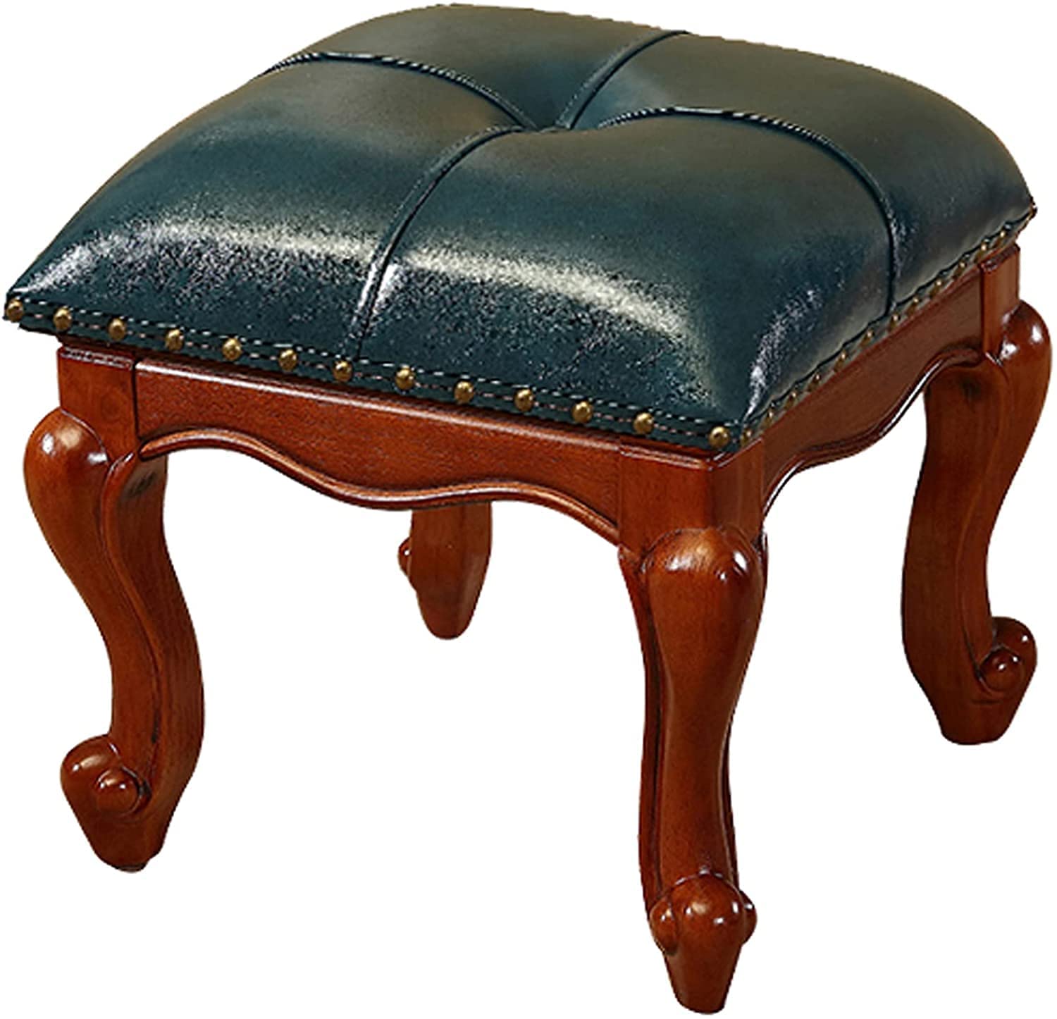 Repose-Pieds PU Premium Bleu Tabouret Carré Élégant en Bois Massif