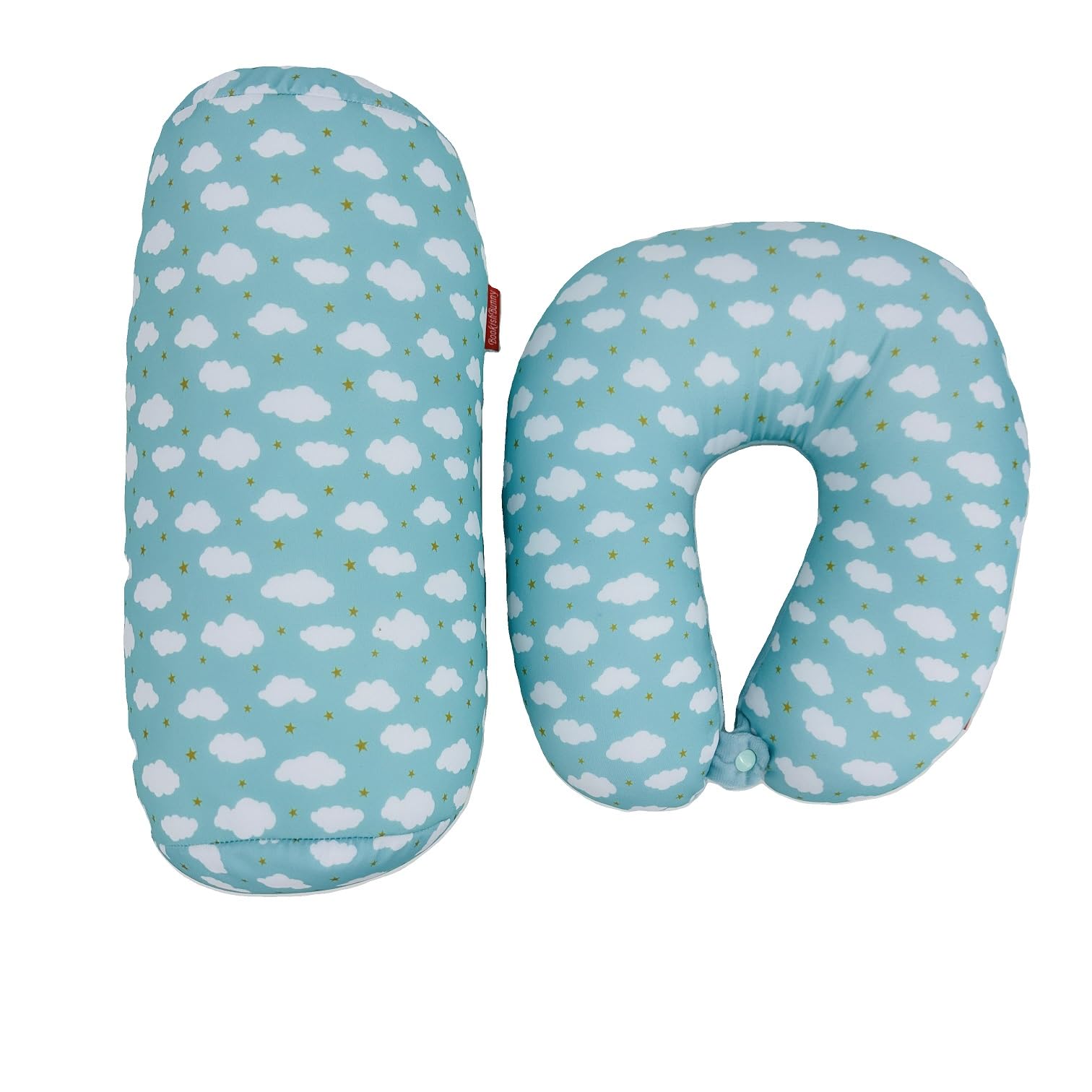 Bookishbunny 2pcs Micro Bead Set U Shaped Neck Travel Pillow 12" x 12" x 4" and Roll Back Pillow Cushion 13" x 7", Various Designs (Clouds)