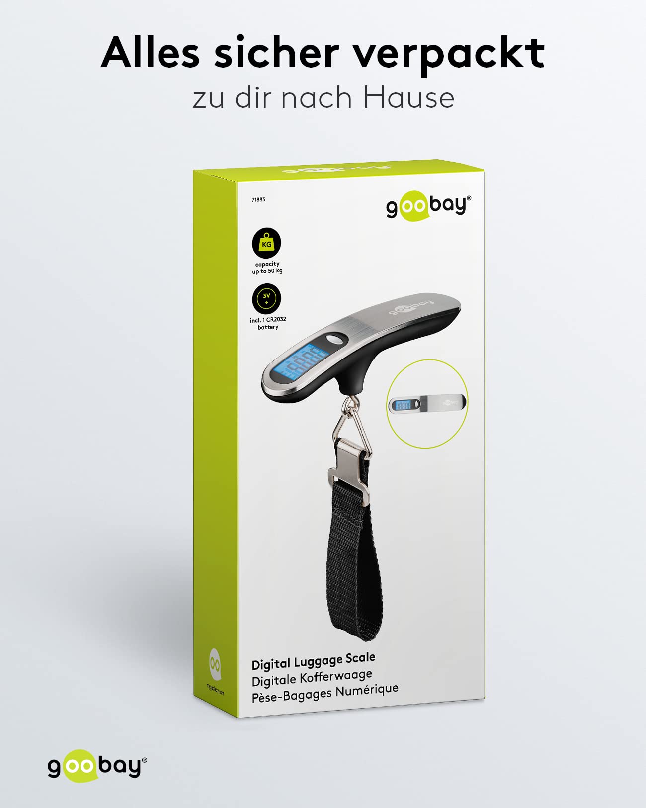Goobay 71883 cyfrowa waga bagażowa z jasnym wyświetlaczem LCD i funkcją tary, do bagażu do 50 kg, wygodny uchwyt idealnie leży w dłoni, nadaje się do podróży/życia rodzinnego, kolor srebrny