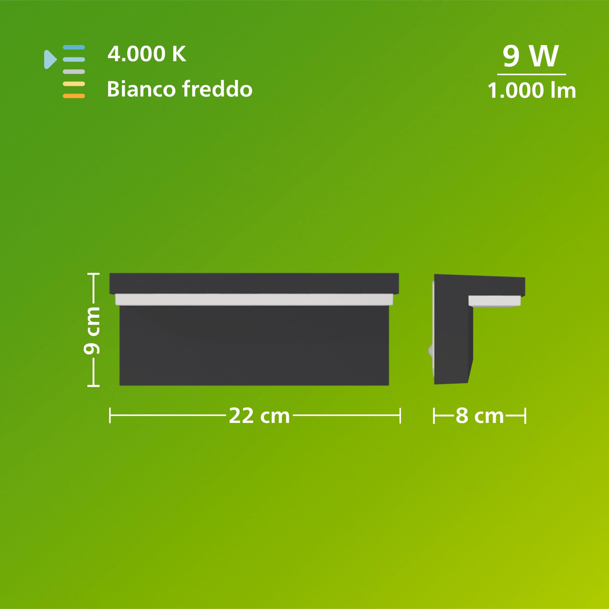 Philips Bustan Applique LED, Lampada da Esterno, 9 W, 1.000 lm, Luce Bianca Fredda 4.000 K, Resistente a Intemperie IP44, Intensità Regolabile, LED Integrato, Alluminio, Grigio Antracite