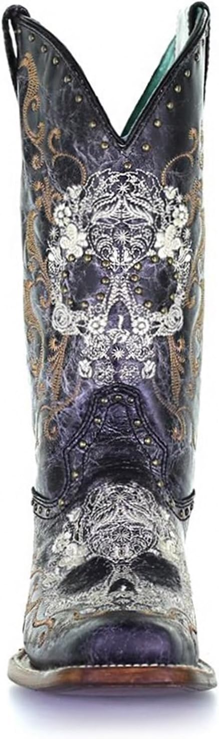Corral Boots Women's Black and White Floral Sugar Skull Embroidery & Studs Square Toe Mid-Calf Leather Western Cowboy Boots