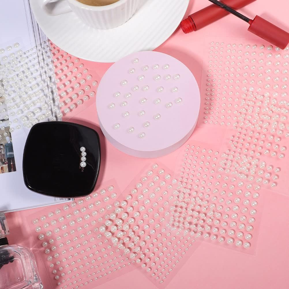 Pearl Stickers for Crafts Self Adhesive Face Pearl Sticker Gems Hair Pearls Stick On 1650 Pcs Pearls Beads for Face Makeup Earrings Nail Wedding Stickers Bridal Accessories 3mm/4mm/5mm/6mm (White)