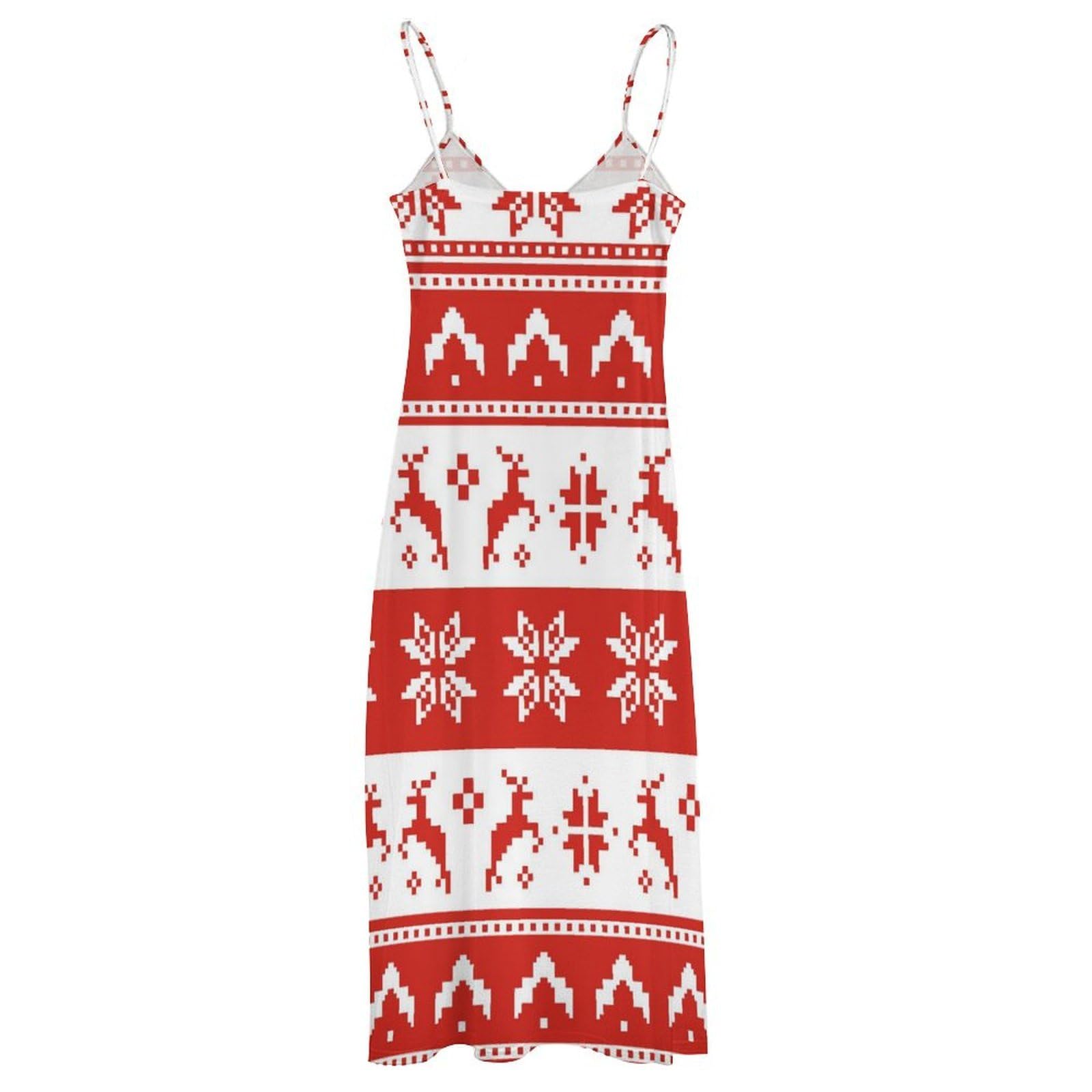 Abito estivo da donna, lungo, motivo albero di Natale, scollo a V, spalline sottili, abito da spiaggia