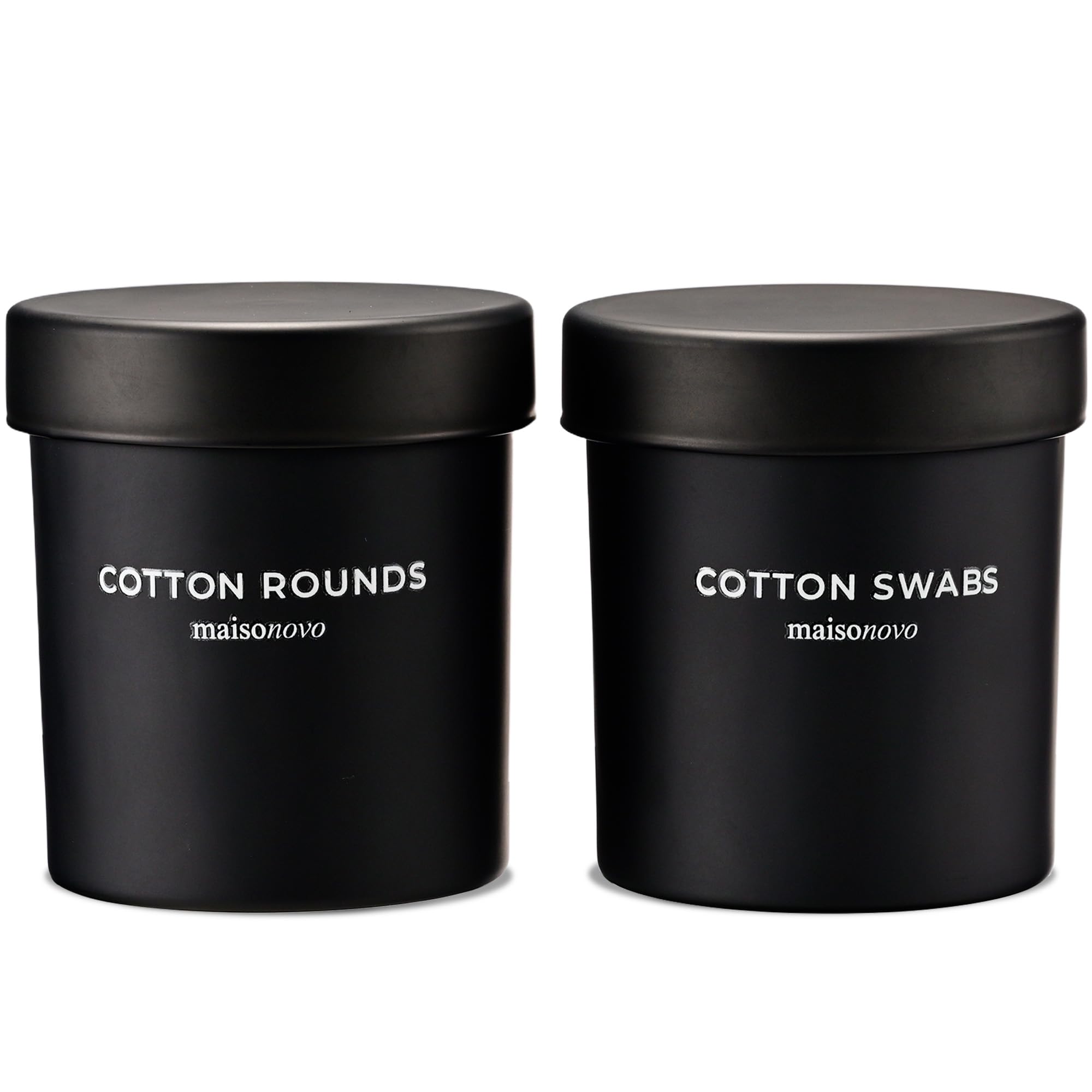 MaisoNovo Cotton Bud Holder Set - Airtight 375 ml Glass Cotton Pad Holder for Q-Tips, Cotton Rounds, Cotton Balls, Floss Picks, Hair Ties with Free Labels Pack - 2 x Black Jars with Glass Lids