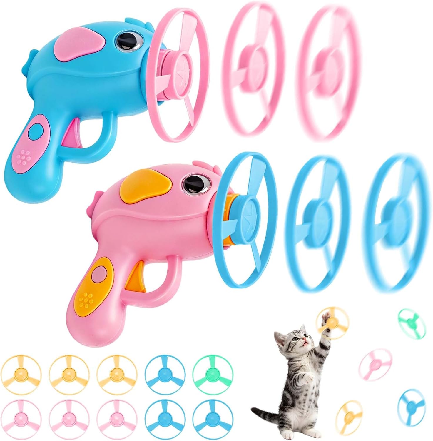 Catapult Cat Toy - Interactive Cat Toy Set with 2 Launchers and 10 Colourful Flying Discs, Cat Fetch Toy, Interactive Cat Toy, Game, Beating and Daily Training, Intelligence Game