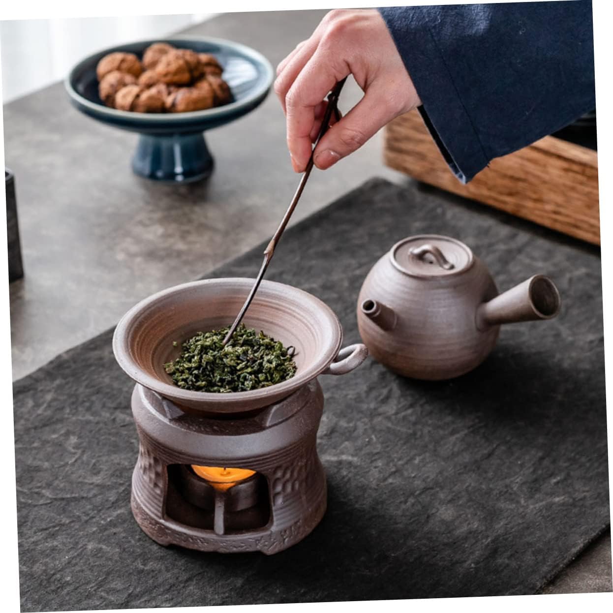 Ceramic Tea Warmer with Teapot Candle Holder and Heating Base Brown Pottery Brazier Trio for Home Hotel Restaurant Use Elegant Desktop Decoration and Tea Brewing Enhancement