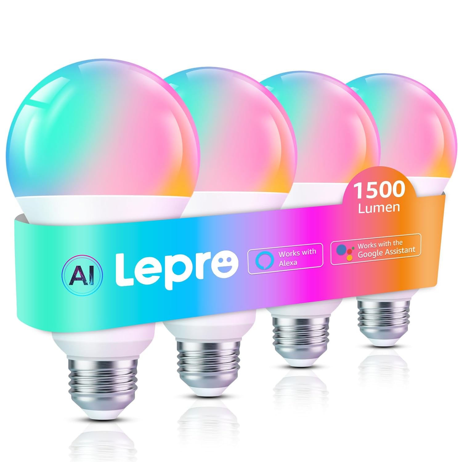 Lepro B3 AI Smart Light Bulbs - 1500LM 100W Equivalent A21 Bulb WiFi Bluetooth RGBWW Color Changing Works