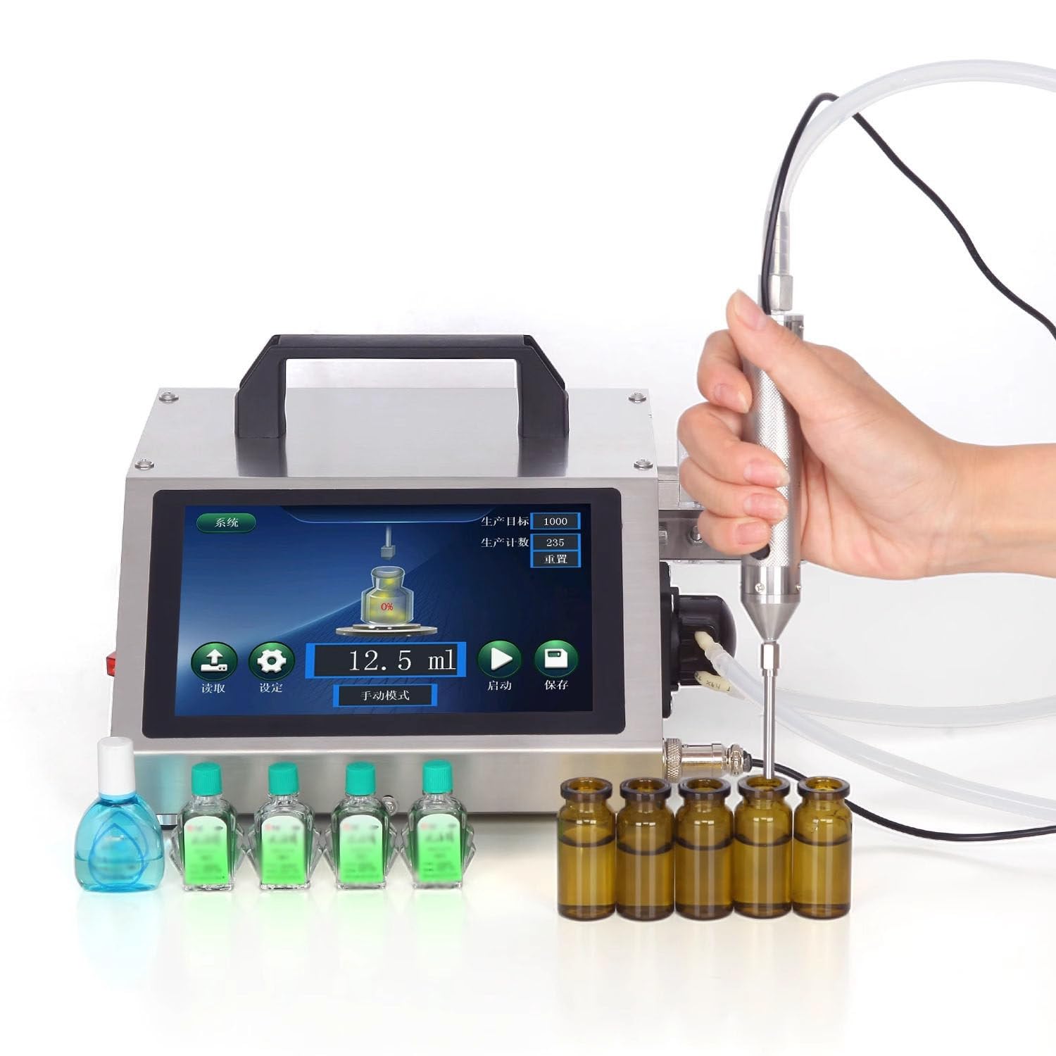 BEESOM Needle Nozzle Precision Bottle Filling Equipment,Programmable Digital Control 1ml to 100ml Filling Range,For Small Bottle Packaging in Cosmetic Workshop Handmade Production Max100ml