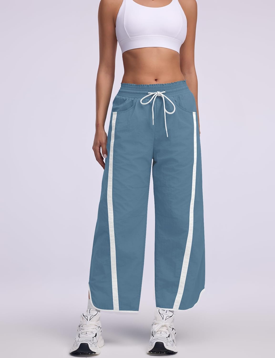 LOMON Womens Baggy Wide Leg Pants 2026 Lightweight Drawstring Contrast Color Elastic Waisted Y2K Track Pants with Pockets - Image 4