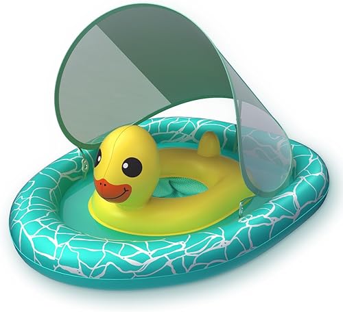 Miniatura 8 de Flotador doble para piscina para bebé con asiento de seguridad ajustable, toldo UPF 50+ extraíble solar, flotador inflable estilo animal, flotador