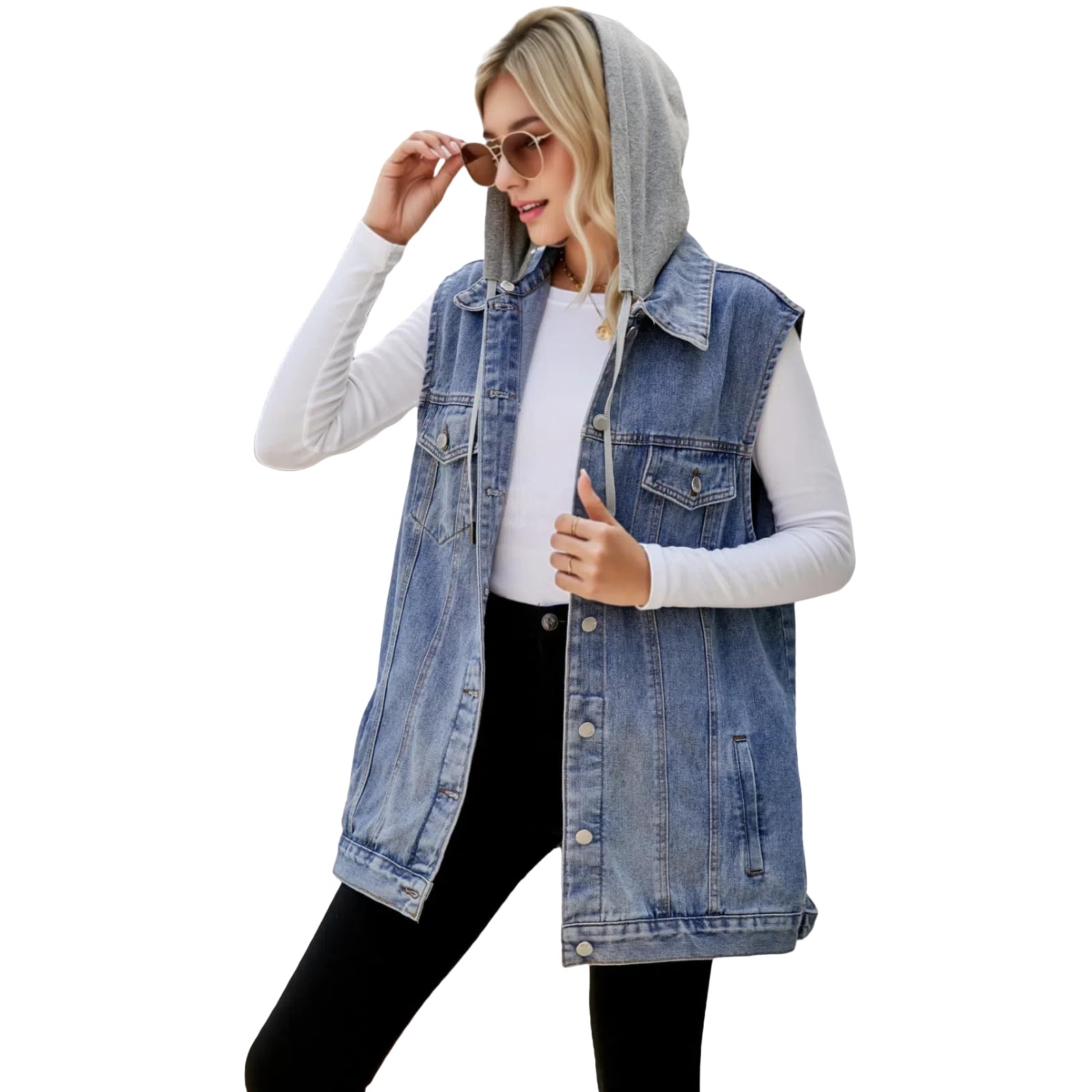 VigelEther Women's Denim Vest, Oversized Casual Jean Jacket, Button Down Denim Waistcoat, Detachable Hood, Plus Size