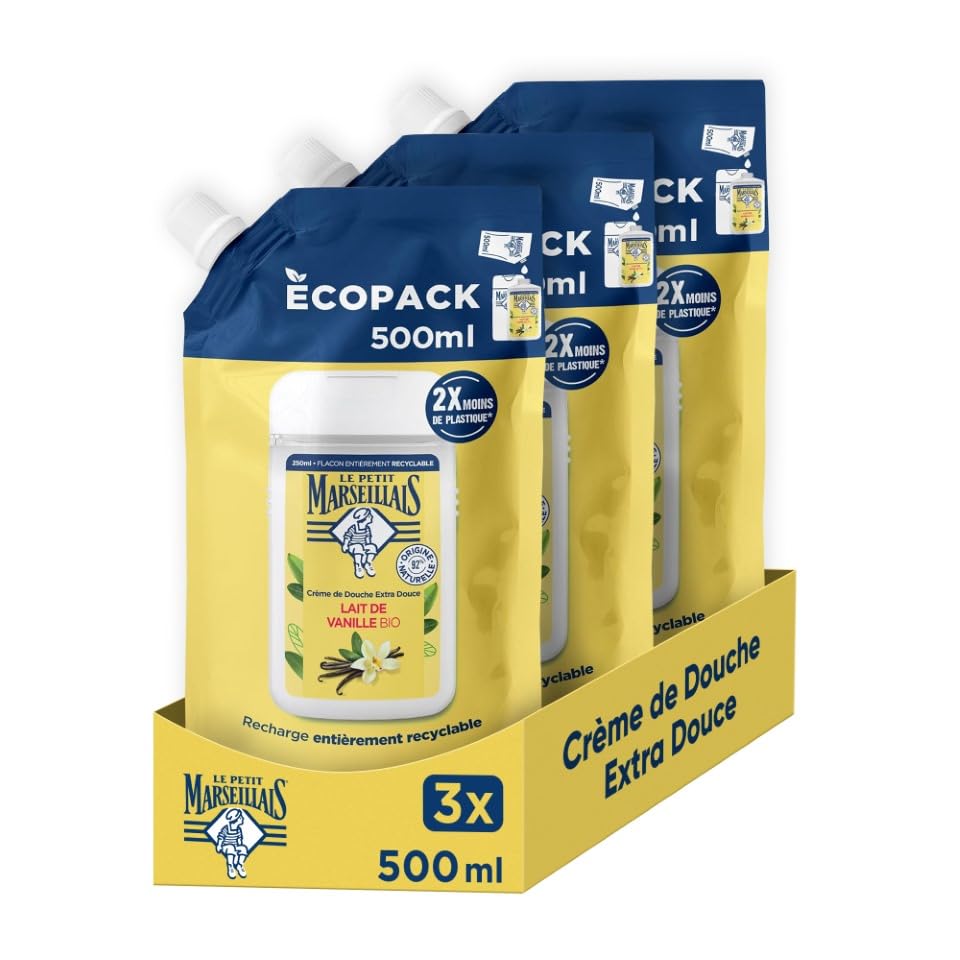 Le Petit Marseillais | Recharge Crème de Douche Extra Douce Lait de Vanille Bio (écopack de 500 ml) – 92% d'ingrédients d'origine naturelle – pH neutre...