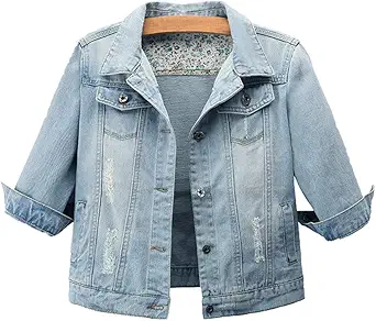 Women Autumn 3/4 Sleeve Retro Short Denim Jackets Light Blue Jean Coats