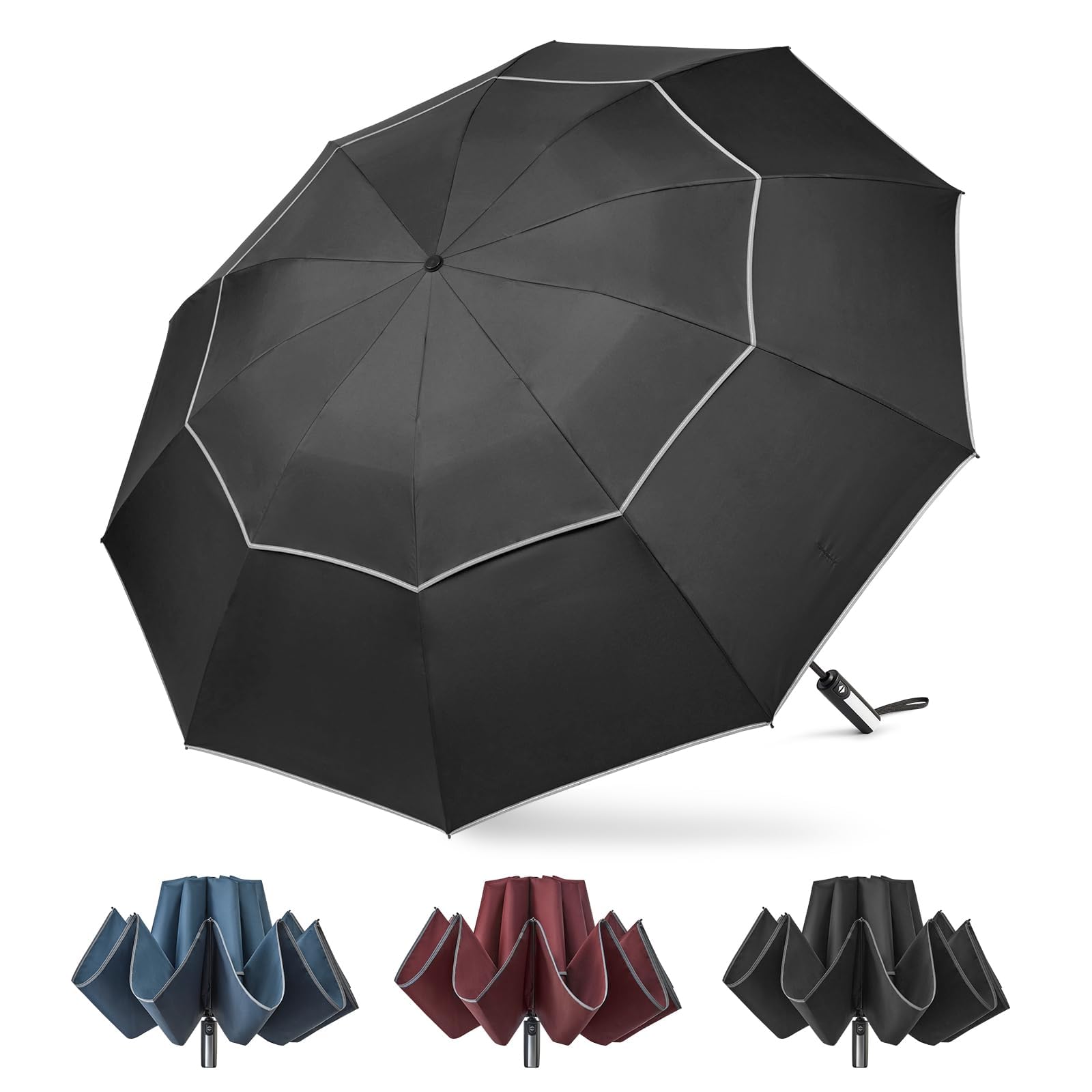 G4Free 152 cm automatycznie otwierany składany parasol z odblaskowym paskiem, 10 żeber, duży parasol golfowy, podróżny, kompaktowy, odwrócony parasol, wiatroszczelny, podwójny baldachim