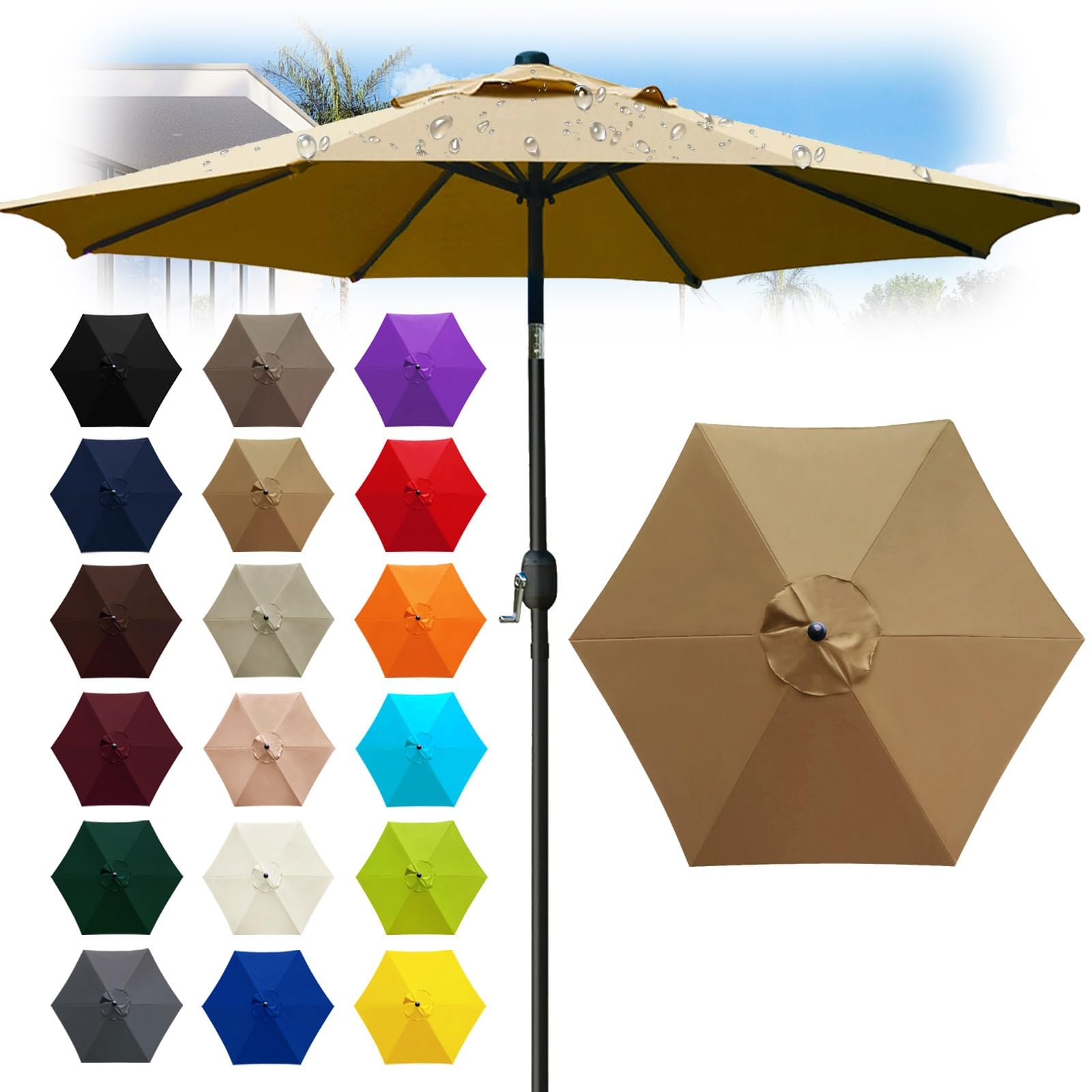 6 Ribs Outdoor Umbrella Canopy Replacement - Replacement Parasol Fabric Cover - 6.6/8.2/8.9/9.8ft Umbrella Cloth - Not umbrella frame - for Garden, Patio, Yard, Beach, Market(Khaki,6 ribs: 3.0m/9.8ft)