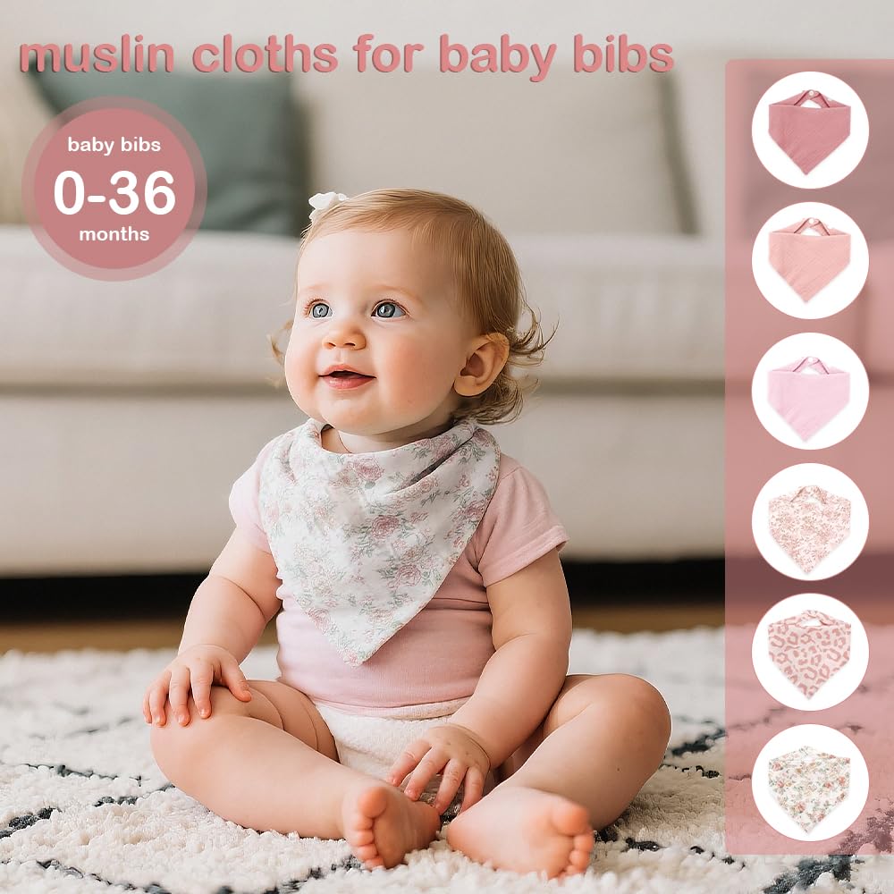 WALLFID 6 Pack Baby Bandana Dribble Bibs,Baby muslin bibs with Adjustable Snaps,Bandana Drool Bibs for Newborns Infants (Baby girl) - Image 2